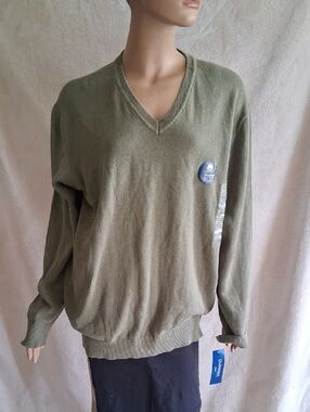 Men's V-Neck Sweater in Olive Green with Subtle Chest Patch